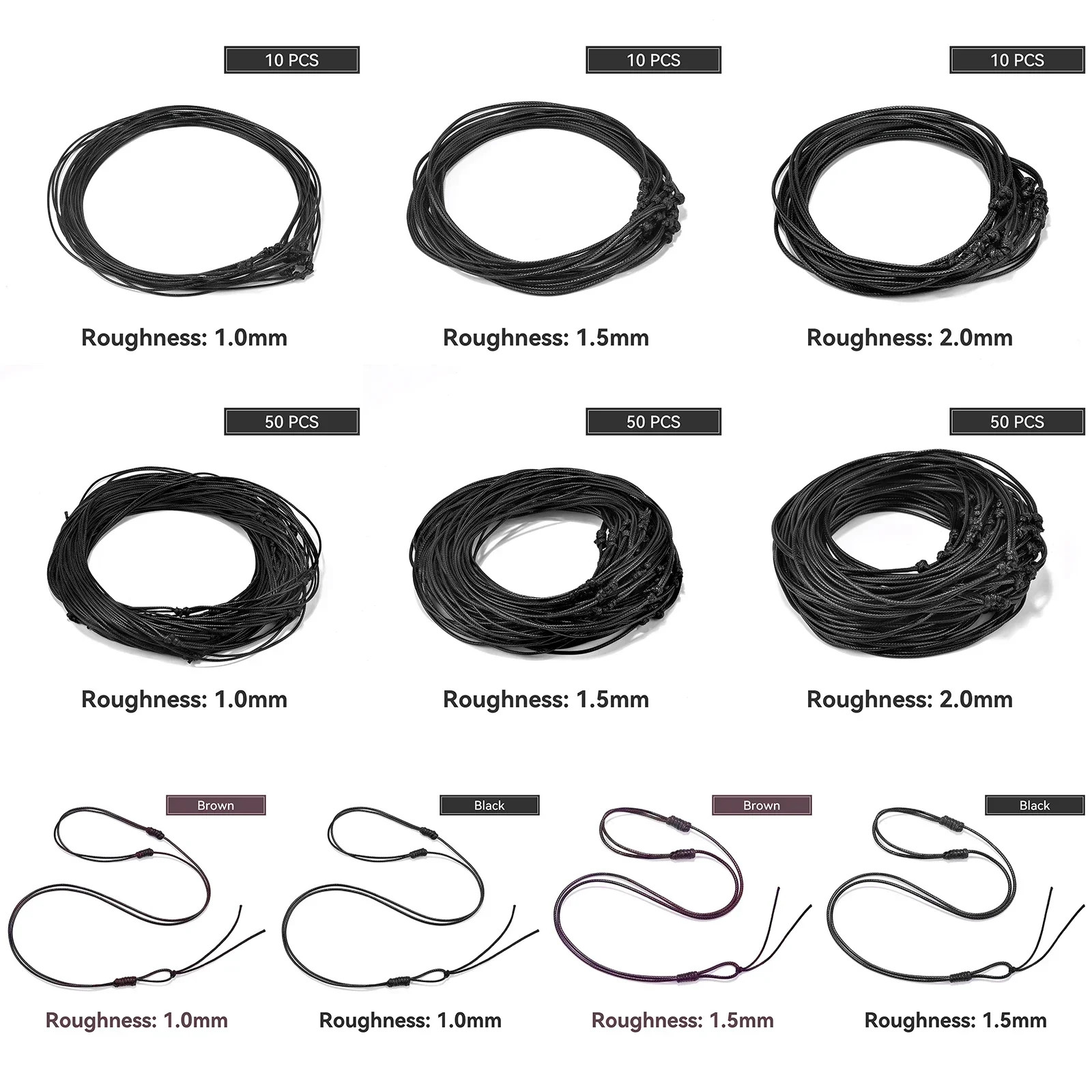 1/10/50Pcs 1/1.5/2Mm Adjustable Choker Necklace Genuine Black Wax Leather Knot S