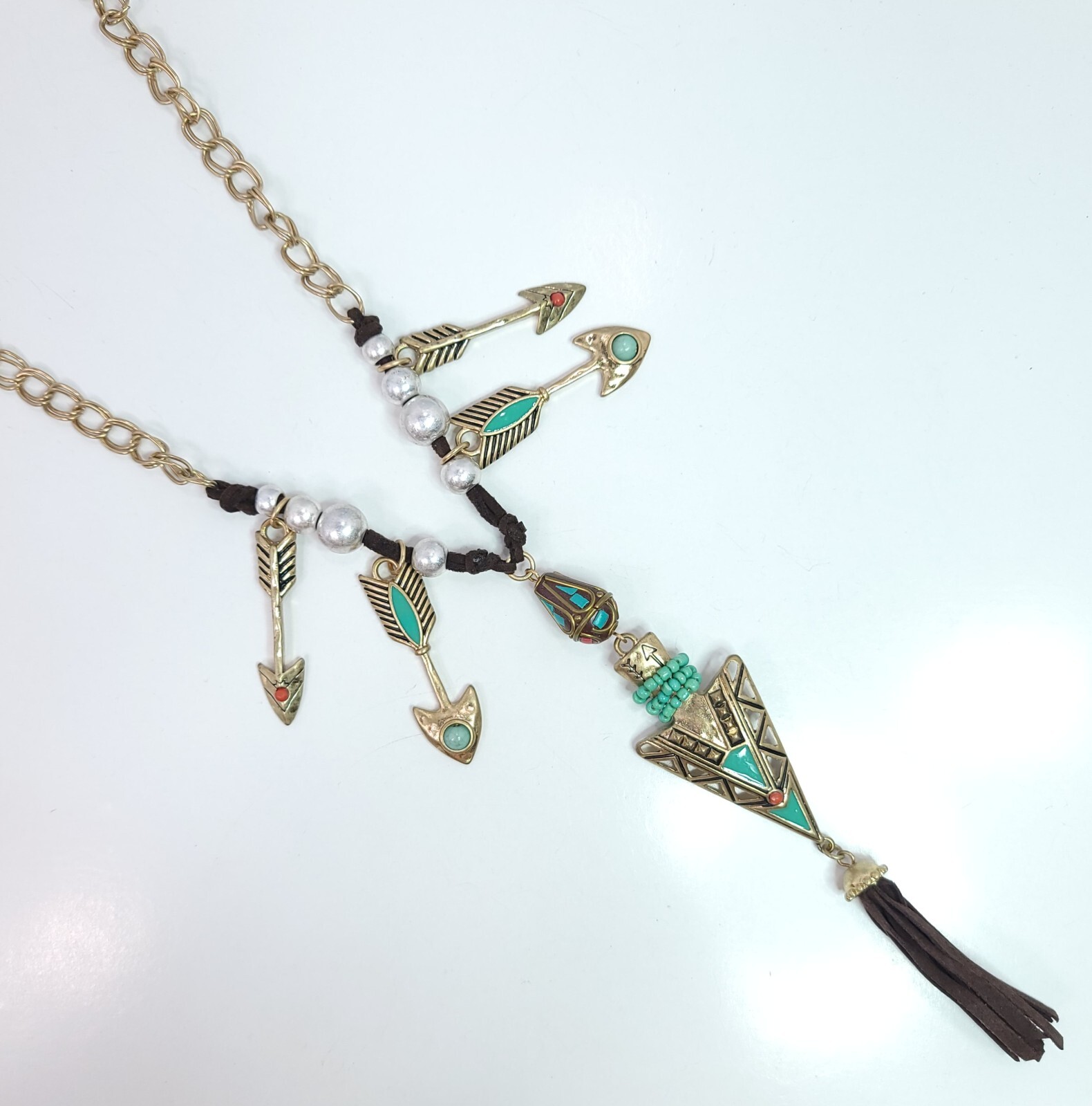 N0299 Arrow or Spear Head Design with Black Faux Leather Tassel Pendant Necklace