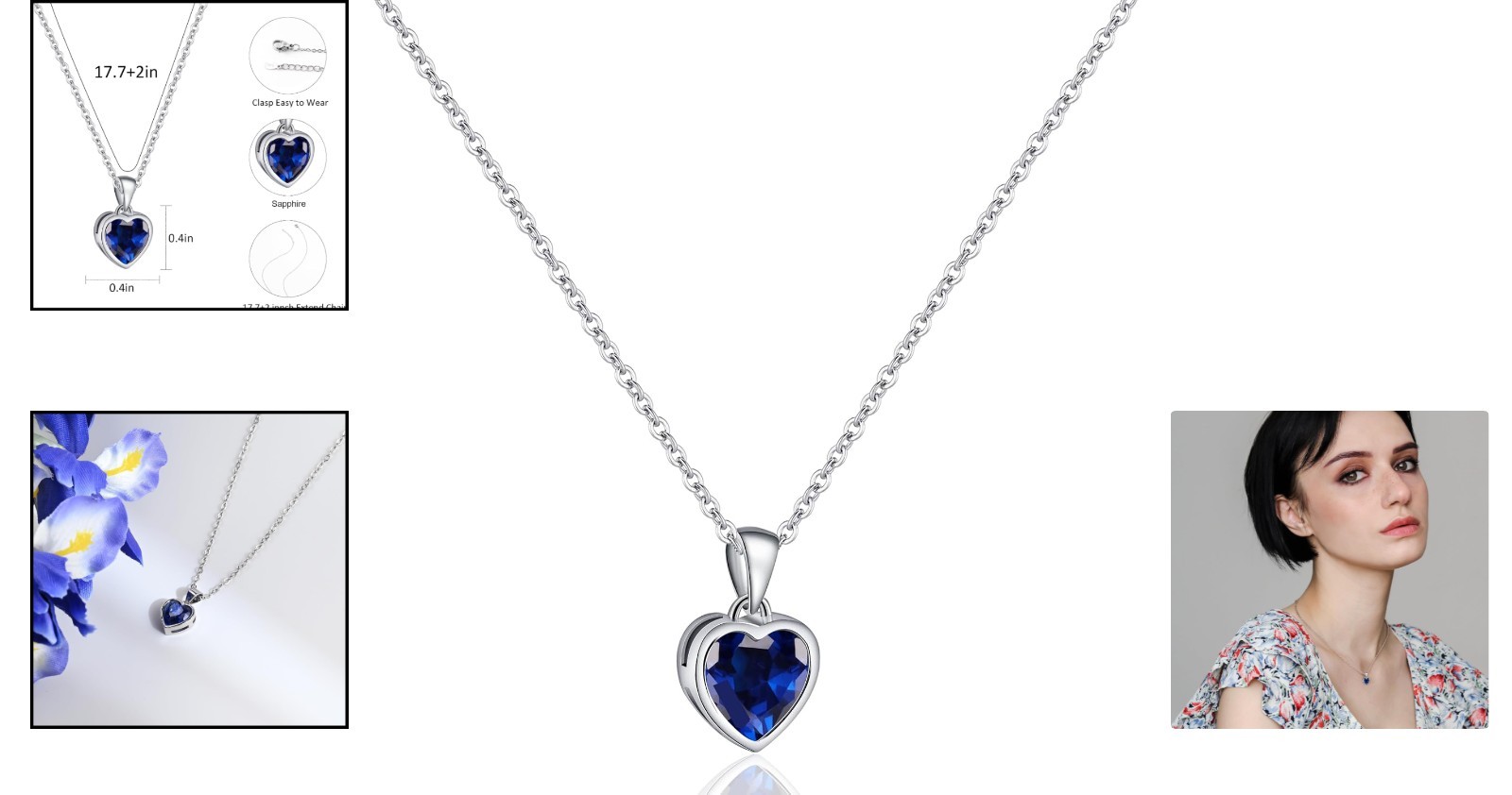 Classic Sapphire Heart Pendant Necklace in Sterling Silver – Adjustable 18-20″