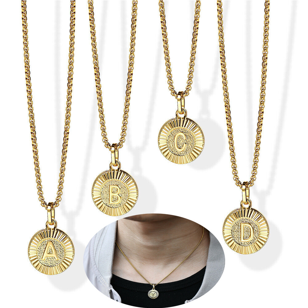 Round Gold Plated Initial Letter Necklace Pendant Stainless Steel 18/20/22″ Link