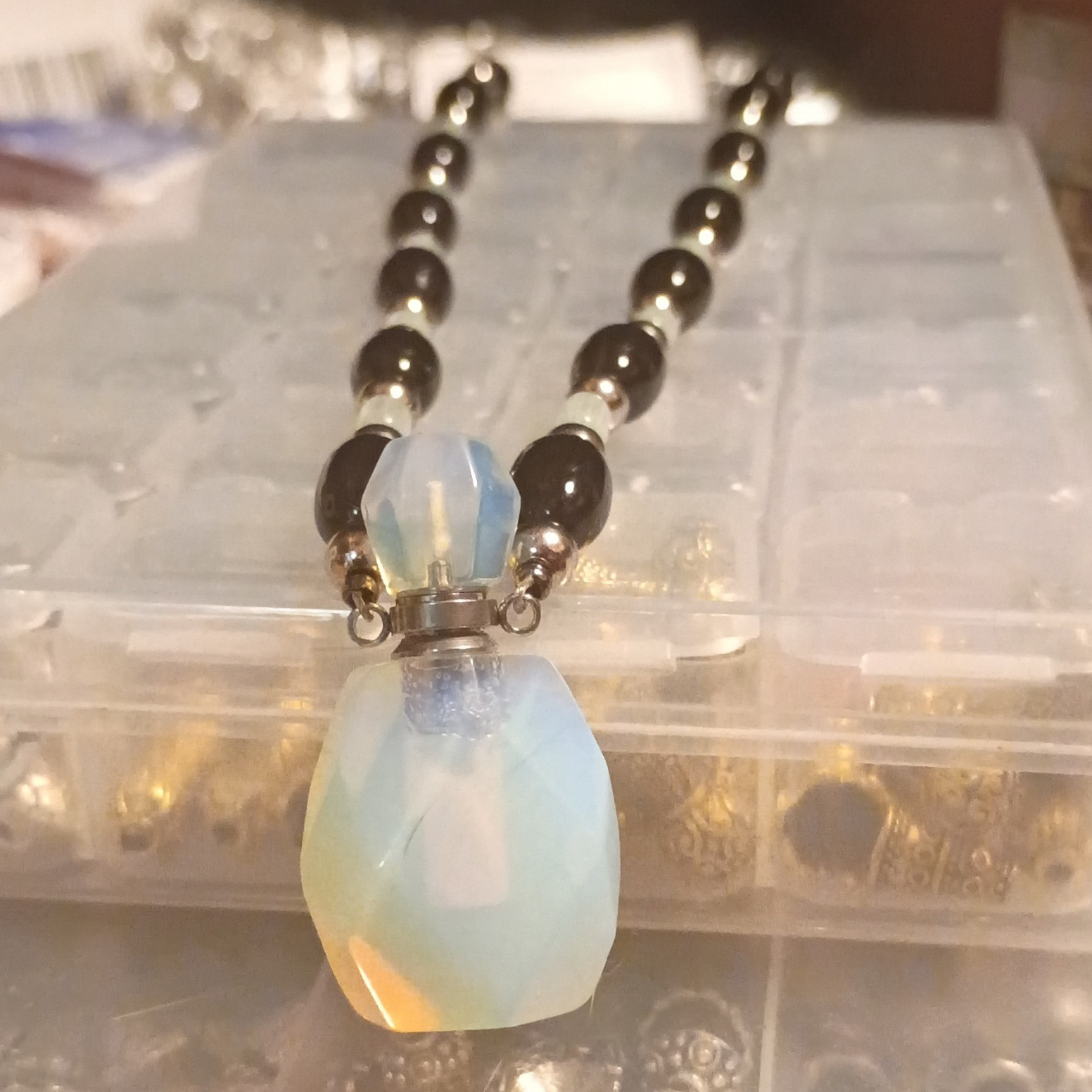 Pendant Necklace Opalite Defuser W/ Cat Eye. Magnetic Clasp. One Of A Kind!