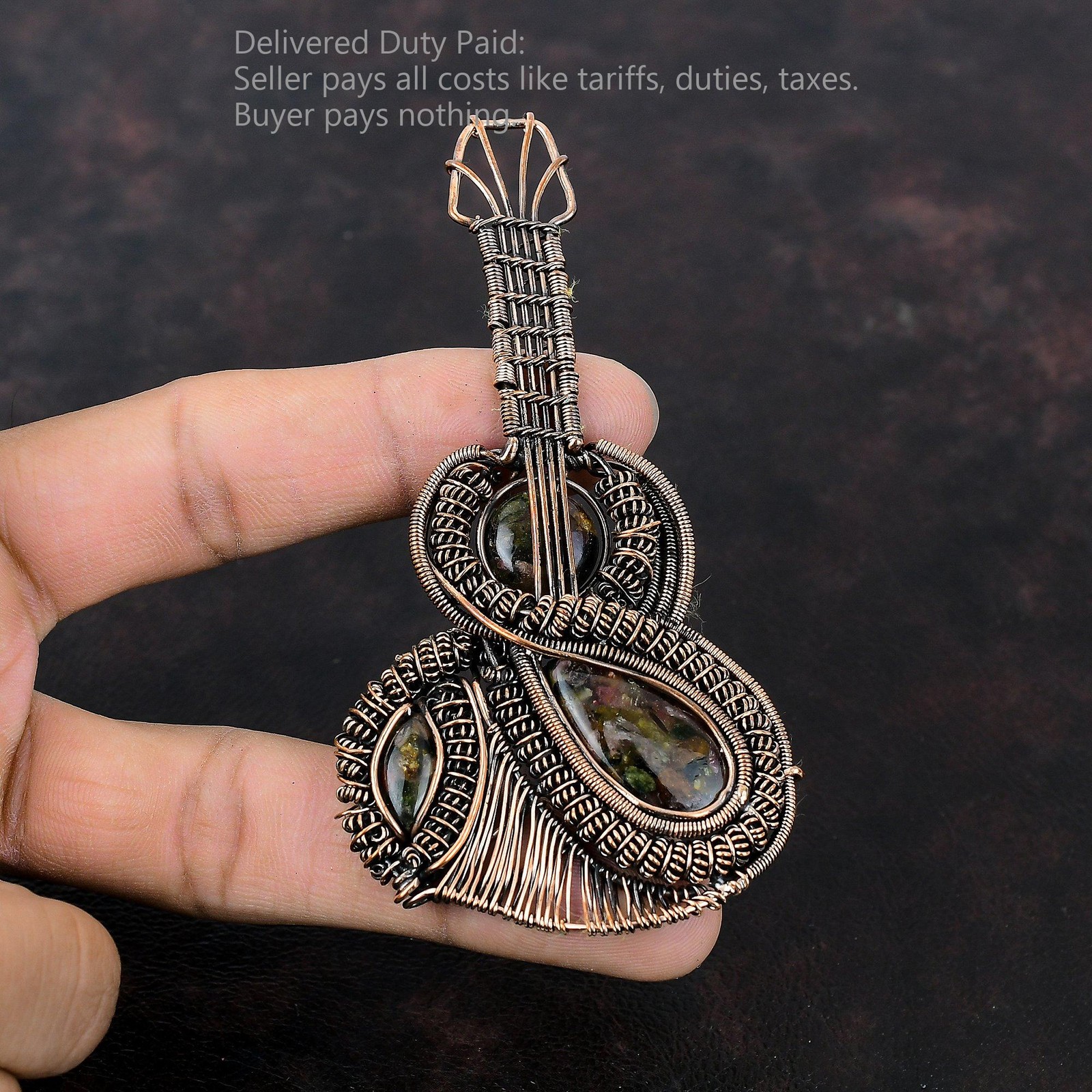 Natural Watermelon Tourmaline Wire Wrapped Guitar Unique Pendant Jewelry Copper