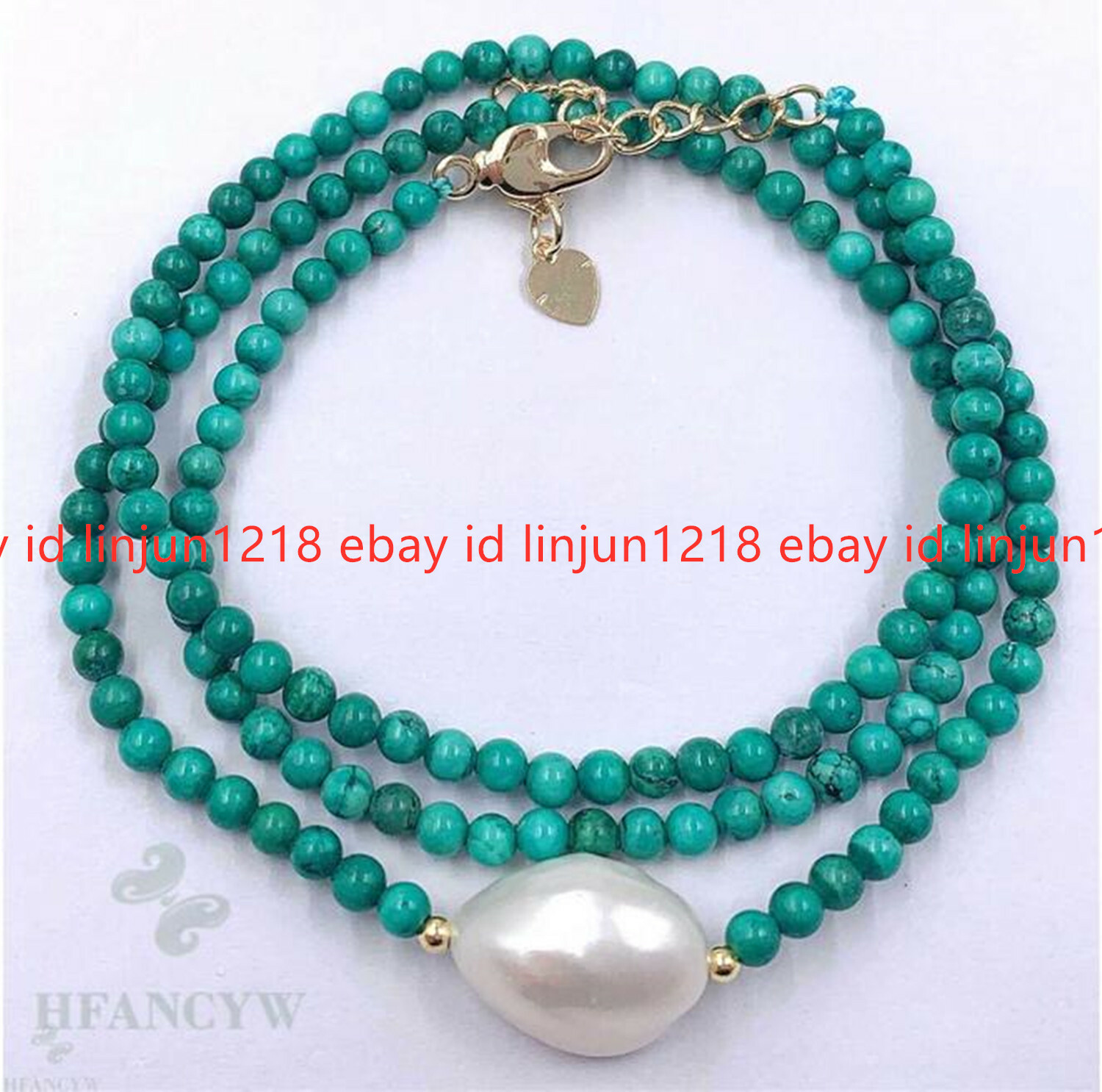 Natural 4mm Blue Turquoise Round Gems Beads & 7-8mm White Pearl Necklace 18″