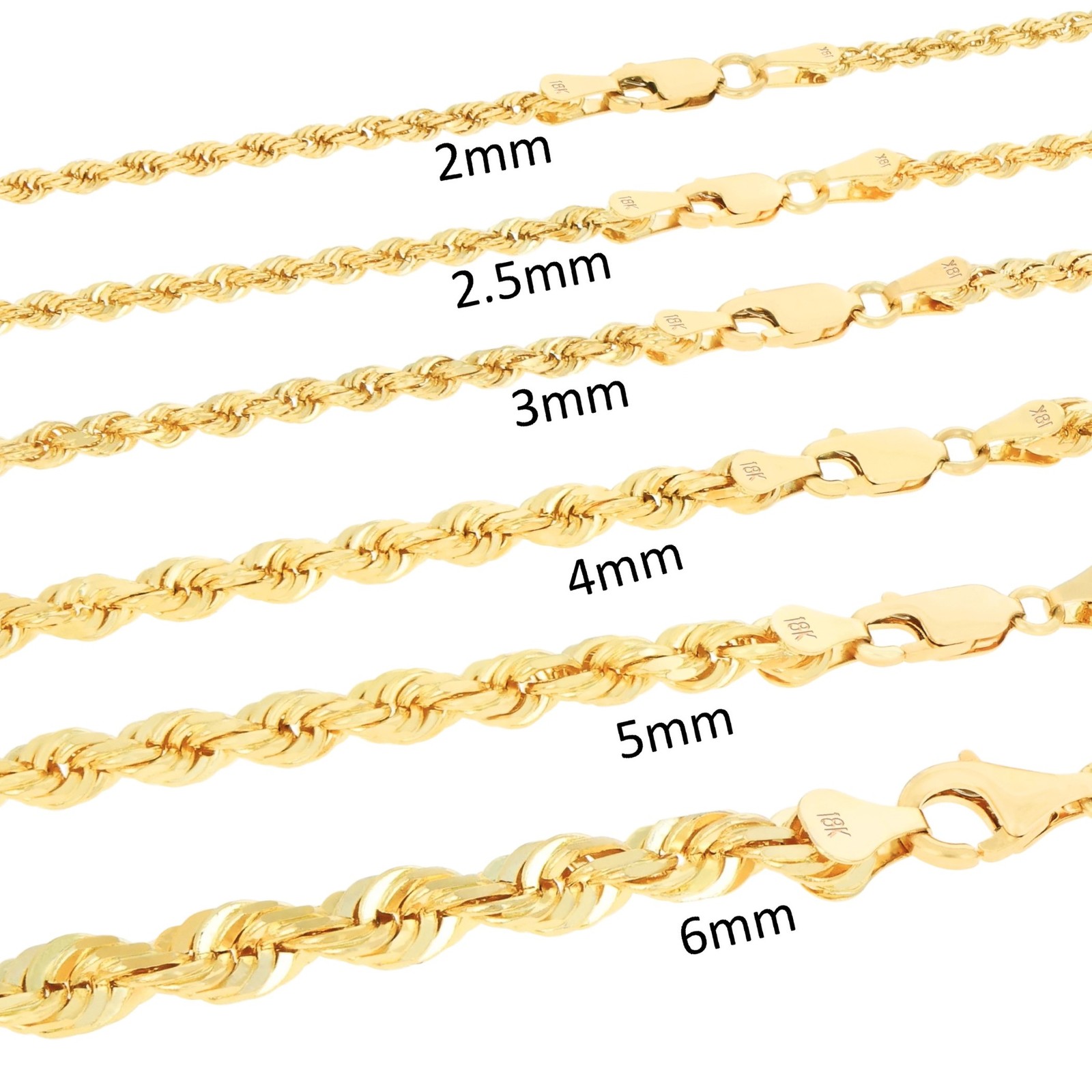 18k Yellow Gold Diamond Cut Rope Chain 2mm-5mm Necklace Mens Womens 16″- 28″