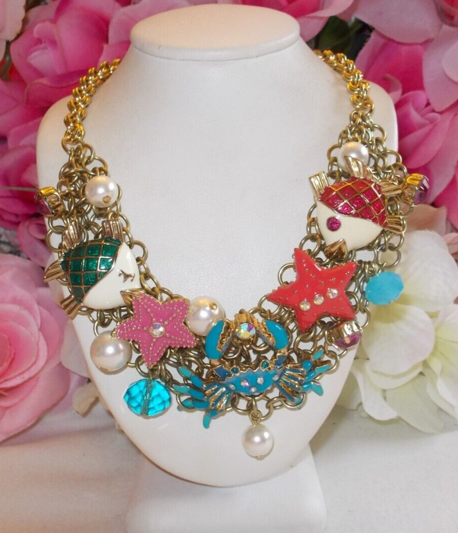 BETSEY JOHNSON LOVELY SEA LIFE CRYSTAL AND ENAMEL MULTICHARM STATEMENT NECKLACE