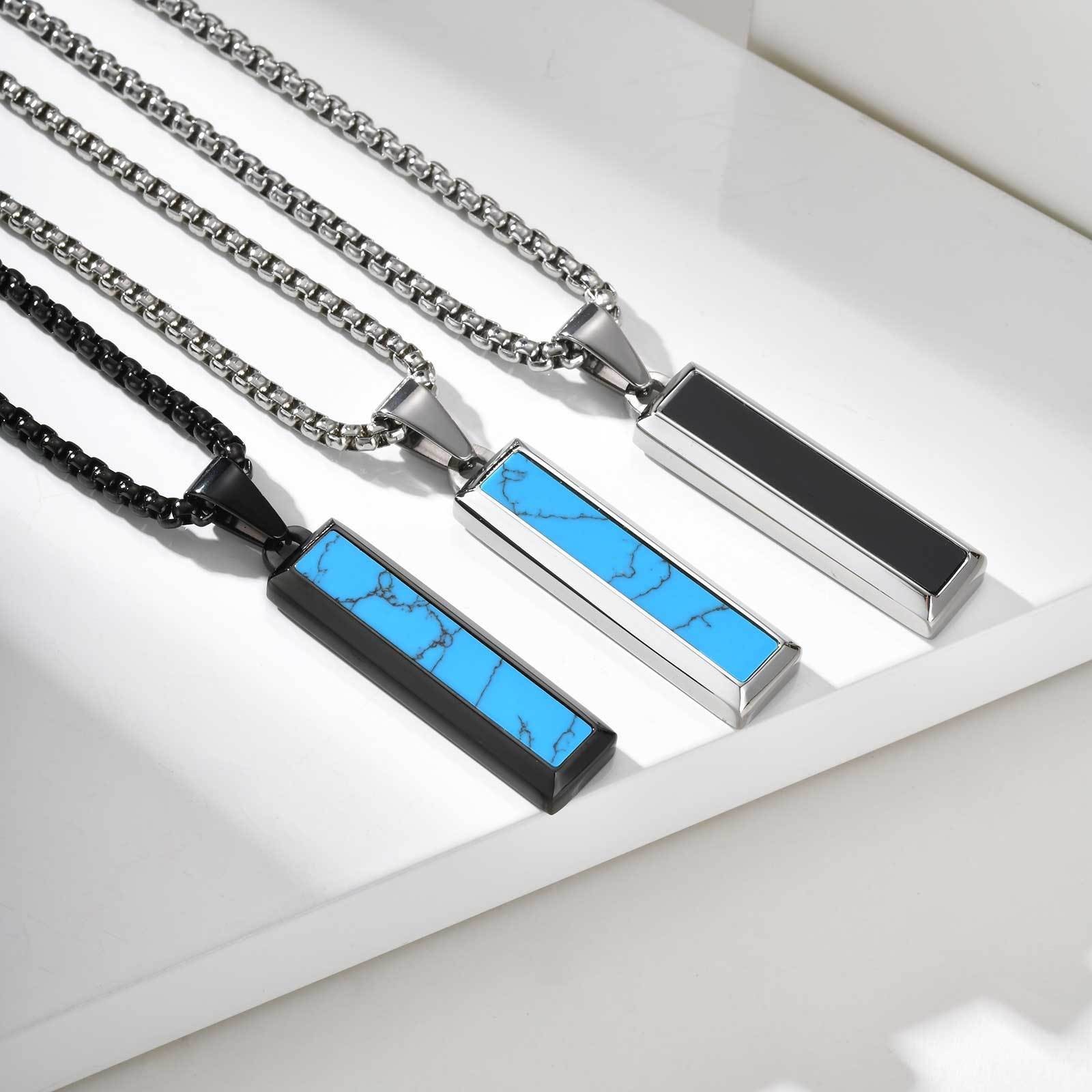 Men’s Fashion Stainless Steel Agate and Turquoise Geometric Bar Pendant Necklace
