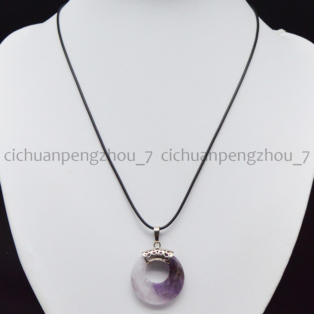 Purple Amethyst 28mm Hollow Round Ring Pendant Black Leather Rope Necklace 18”