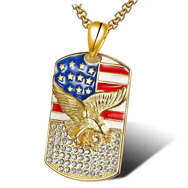Stainless Steel American Eagle Dog Tag Pendant & 3mm 24″ Rolo Chain Necklace