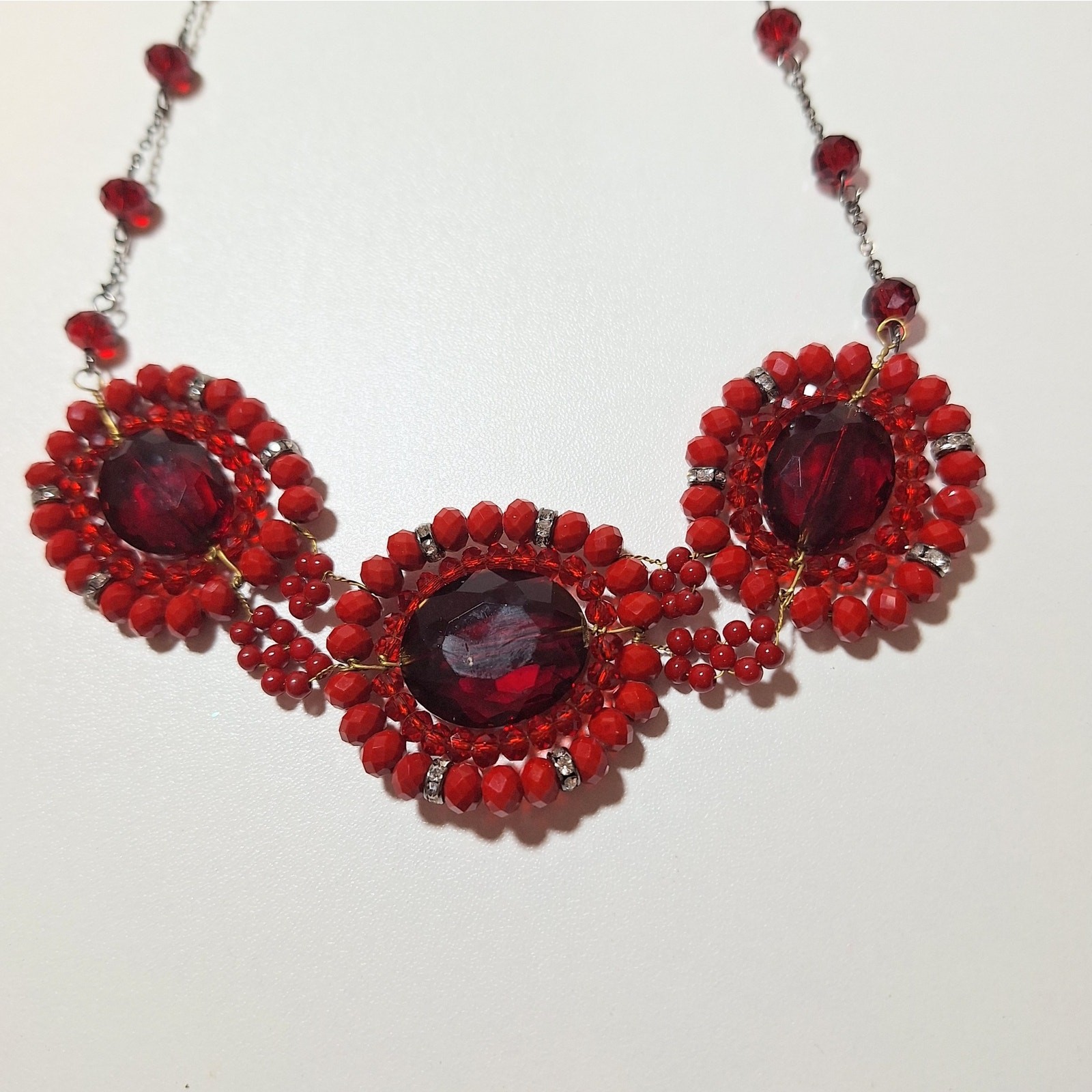 Red Statement Necklace 3 Beaded Discs Center Glass Stones Chain Lobster Clasp
