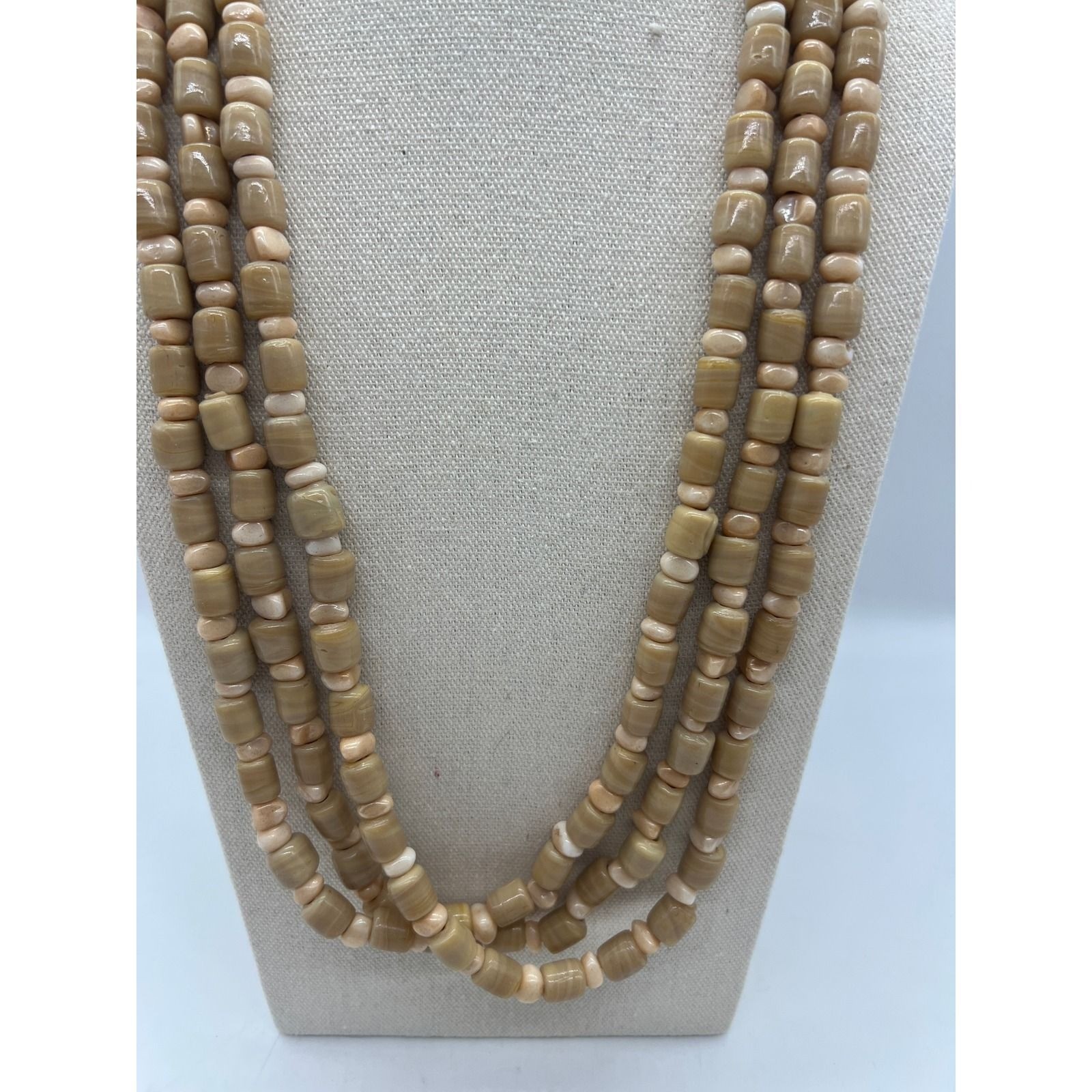 Multi Strand Chalcedony Agate Bead Necklace Boho Statement Artisan Tan