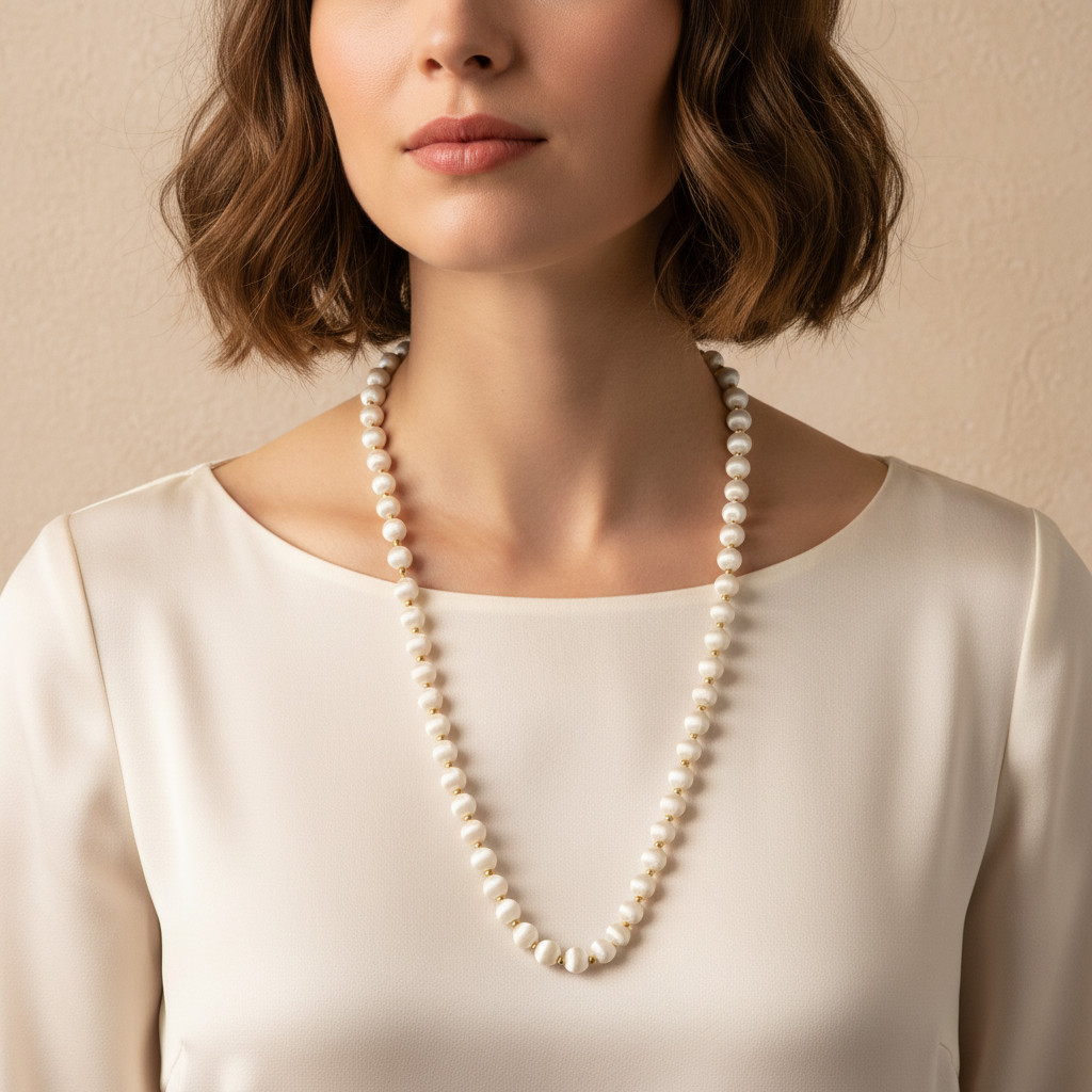 VTG Bead Necklace White Silk Satin Wrapped Boho Retro Glam Fairy Coquette Chic