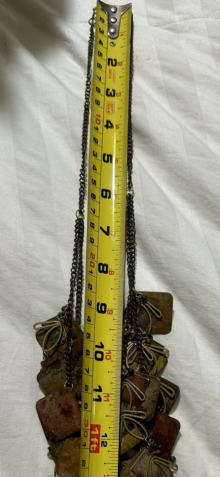 Vintage Metal Artisan Chain with Multi tiered Metal Patina Panels And Charms