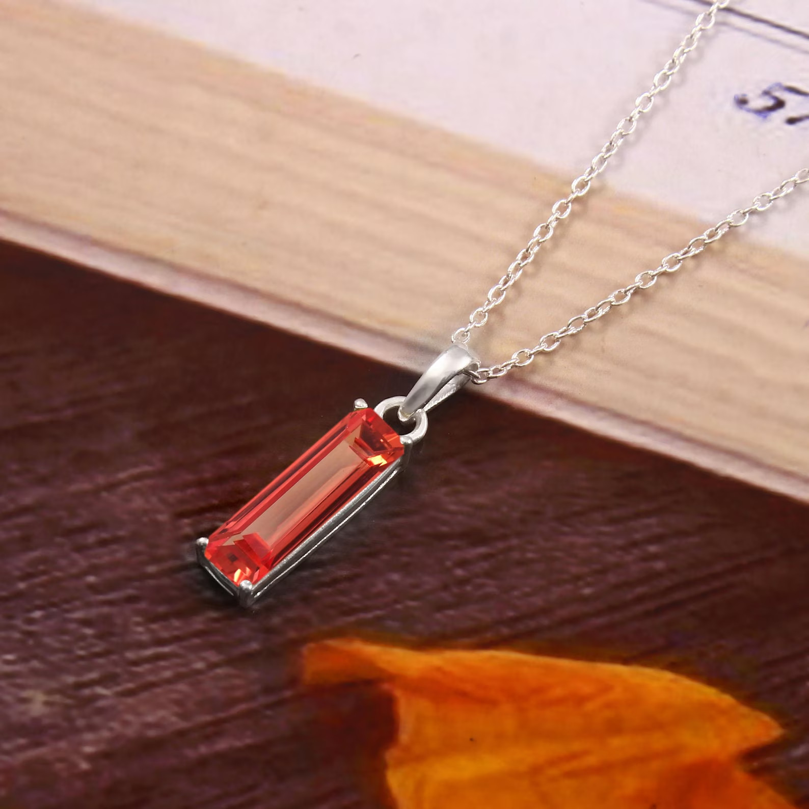 Flawless Ceylon Padparadscha Sapphire Baguette Pendant: Sterling Silver Charm