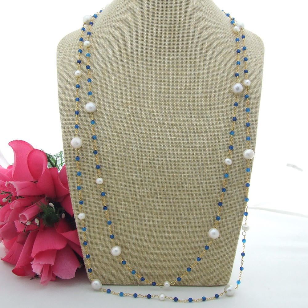 70″ White Keshi Pearl Blue Agate Gold Plated Chain Long Necklace