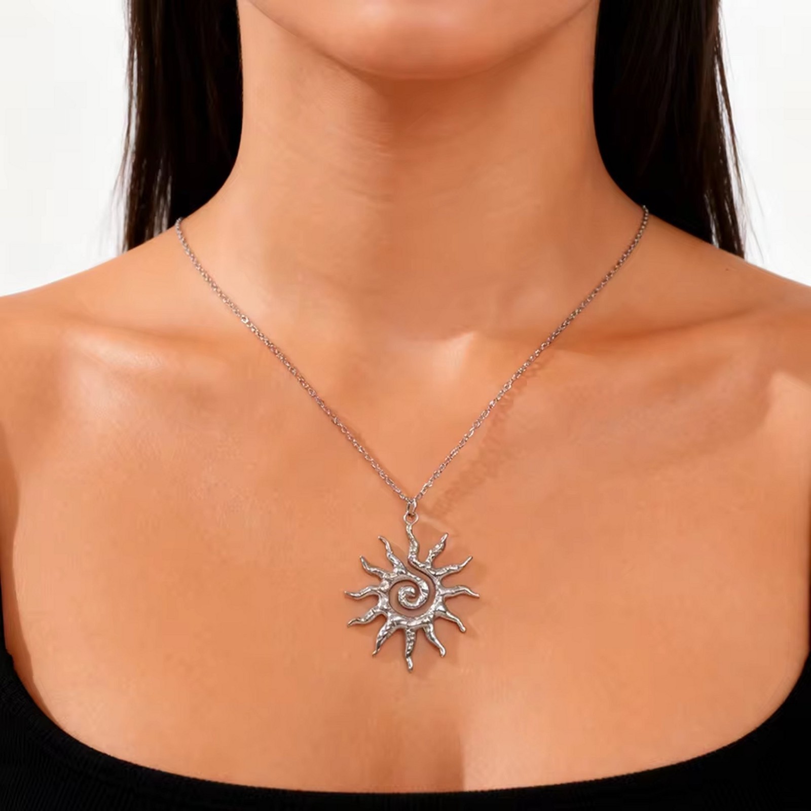 Sun Necklace Silver 316L Stainless Steel Summer Vacation Beach Pendant Womens