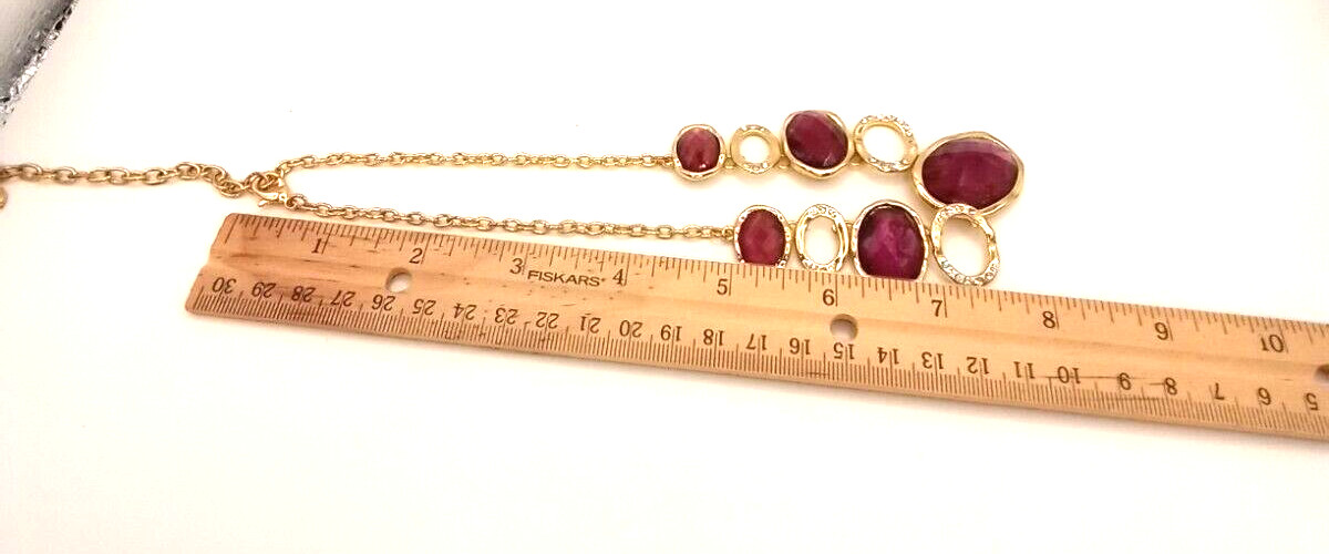 Purple Faceted Acrylic Gem and Colorless Rhinestone in Gold Tone Necklace Marked