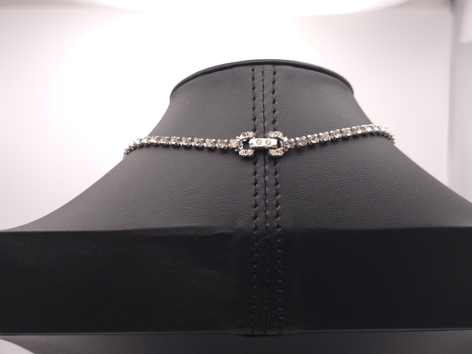 Vintage Silver Tone Rhinestone Bow Pendant Tennis Chain Necklace (Missing Stone)