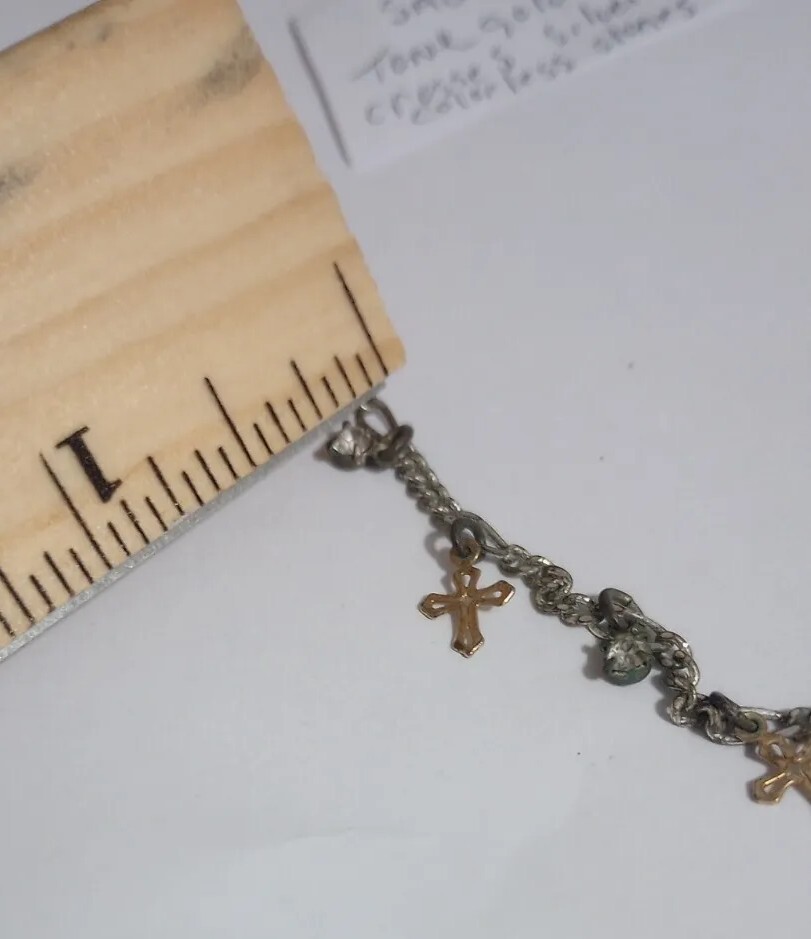 SAO Silver/Gold Tone Small Dangling Crosses And Colorless Stoned 16″necklacr