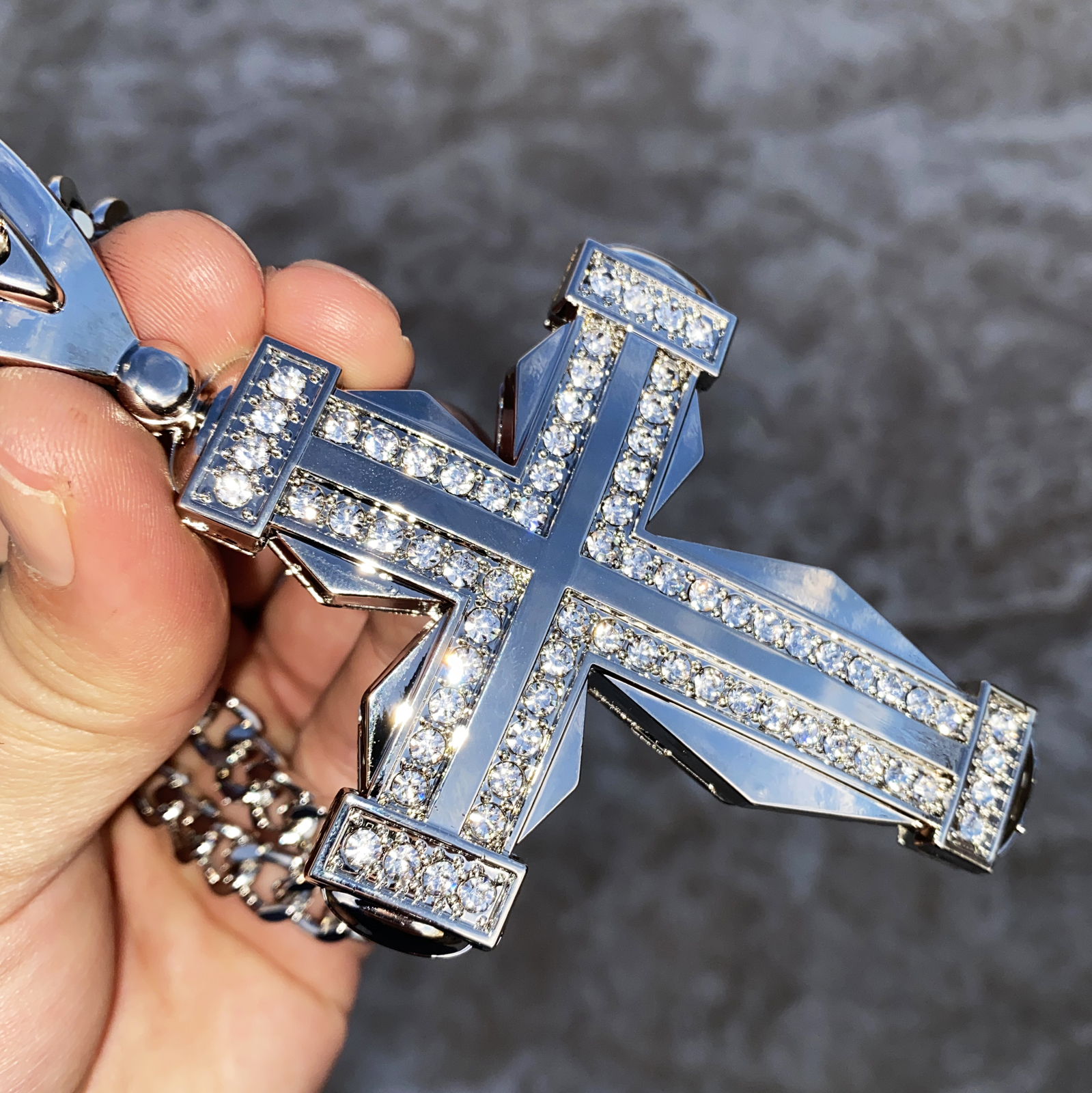 Men Huge Double Cross Pendant Jesus Necklace Silver Tone Hip Hop Cuban Chain 30″