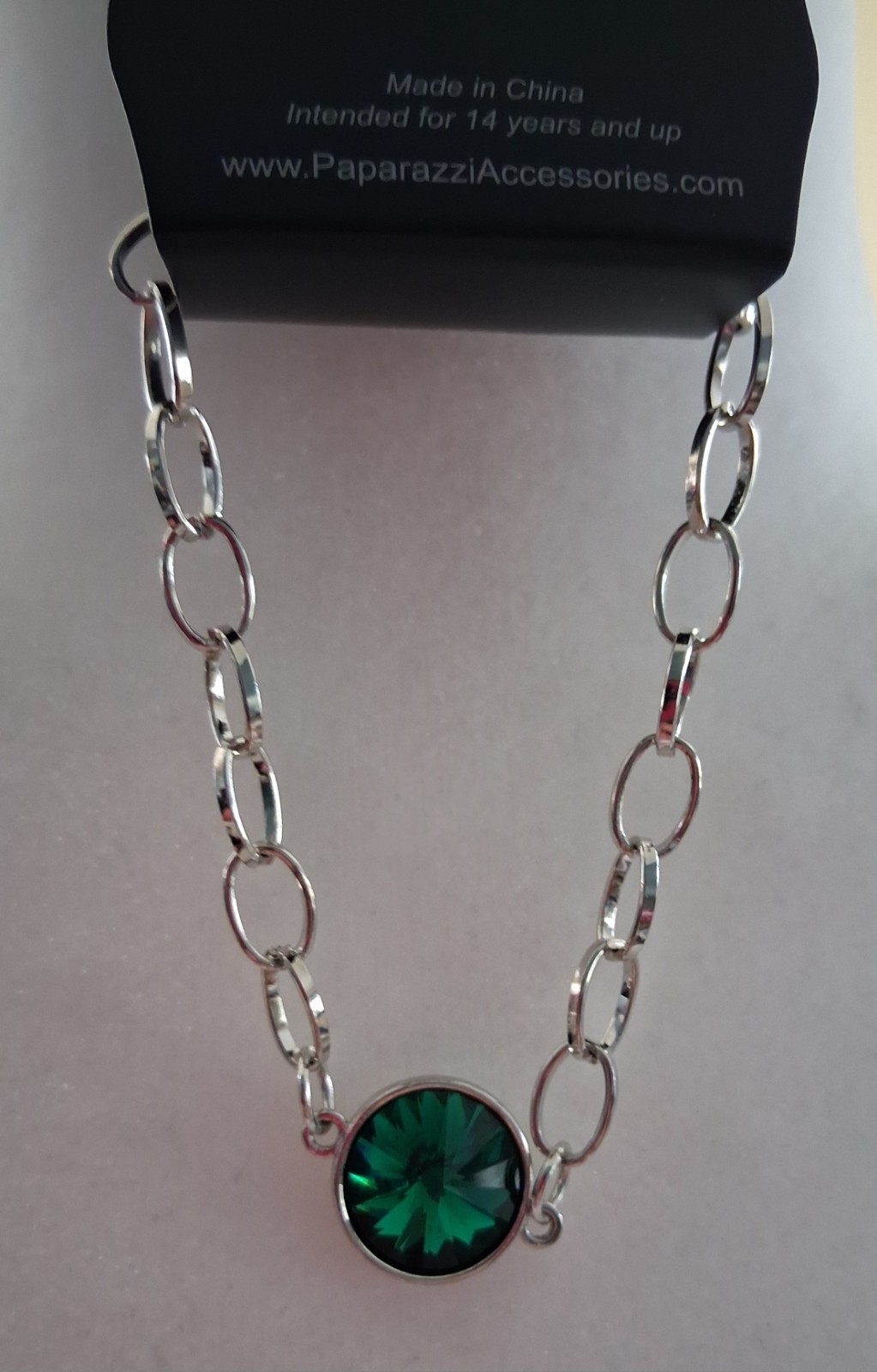 Paparazzi Silver Tone Necklace Round Green Crystal Charm Pendant & Bracelet