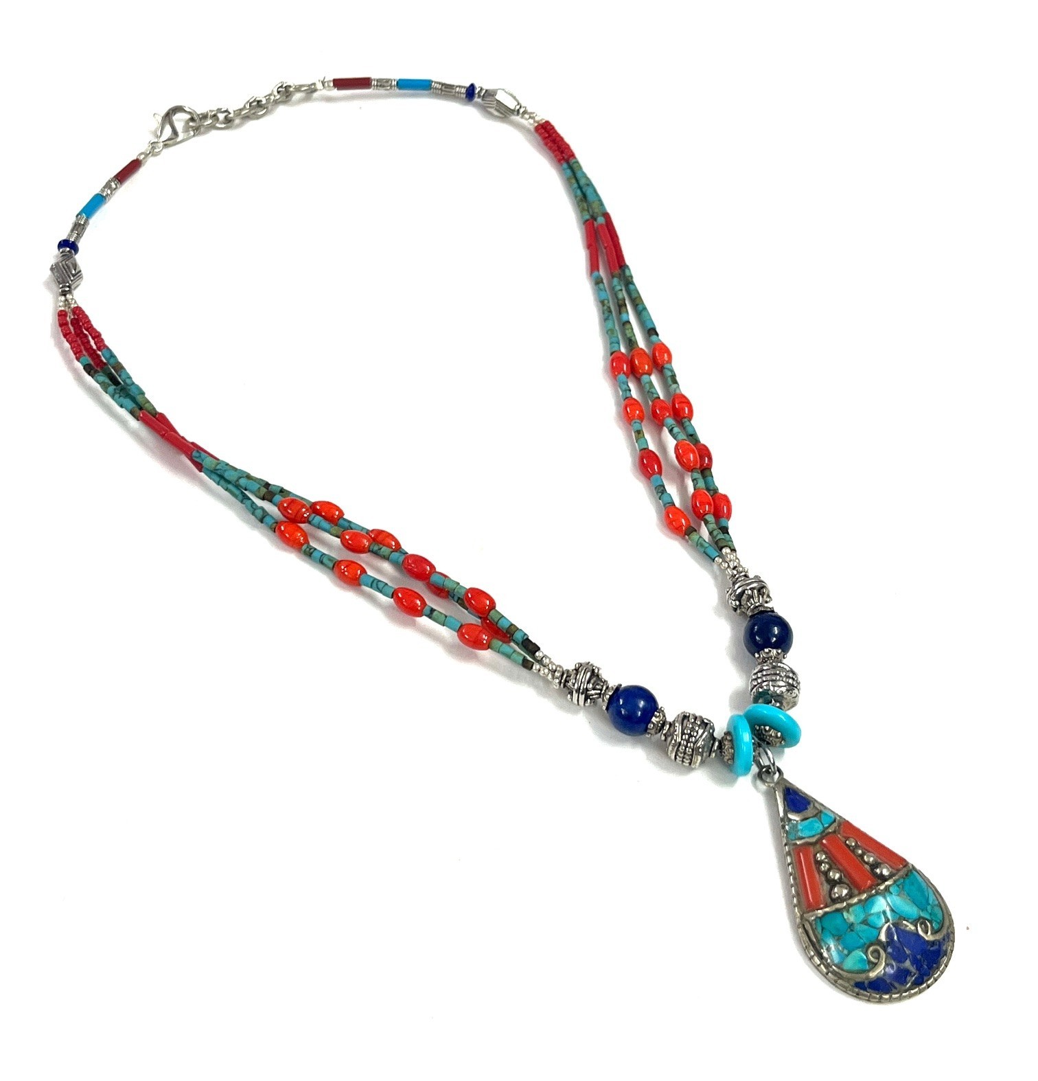 Antique Coral Turquoise Gemstone Tibetan Art Deco Necklace Jewelry, 18 inch Adju