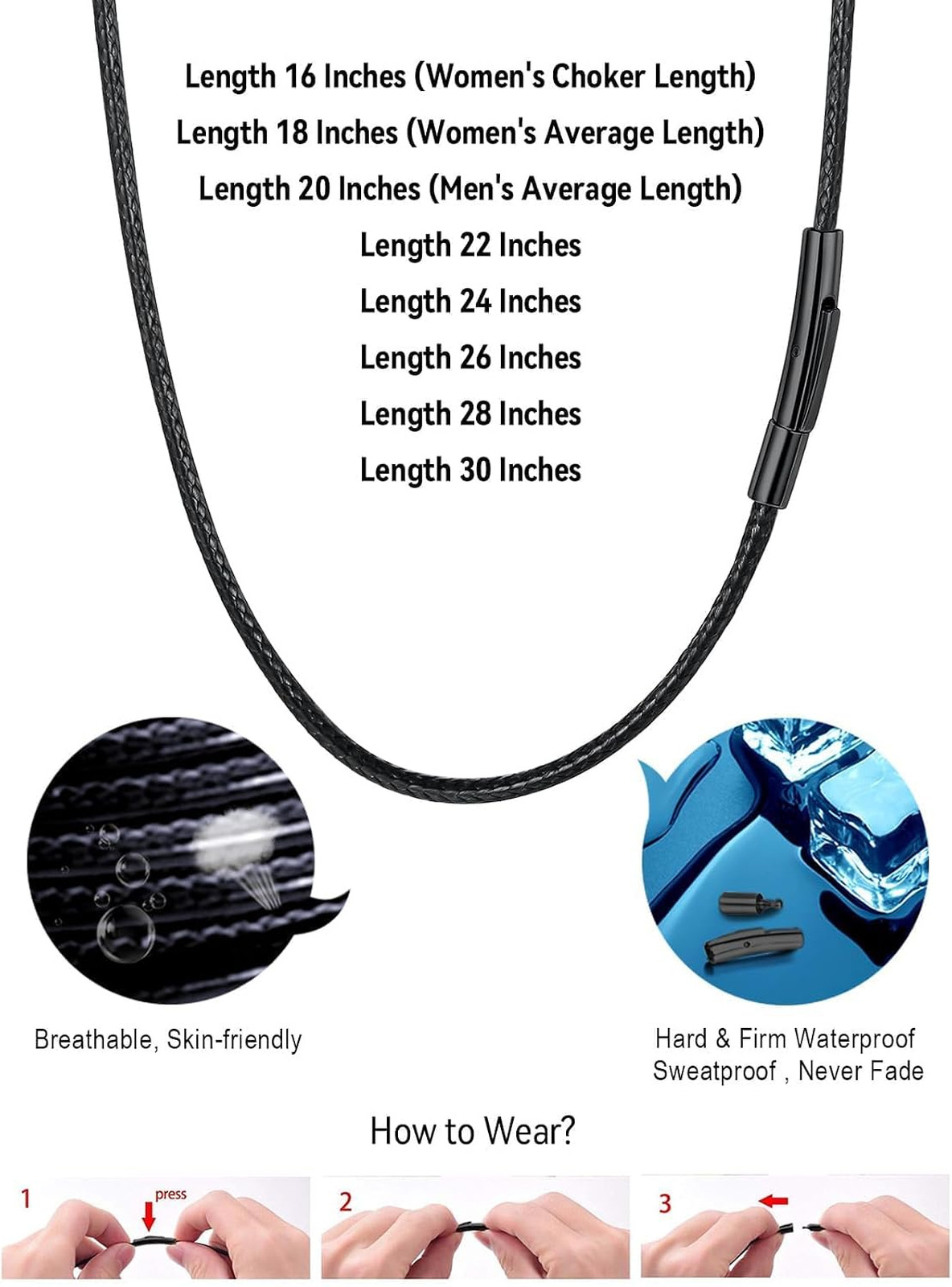 Men’s Leather Necklace Cord with Stainless Steel Clasp 2mm 3mm 16-30 In. Black