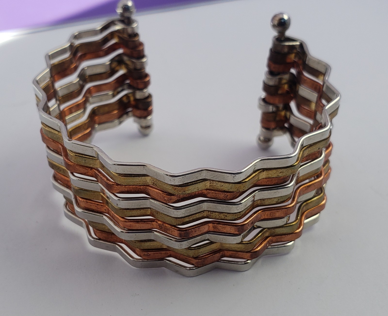 3 Toned Mix Metal Open Back Cuff Bracelet. Zig Zag Lines Silver, Brass, Copper