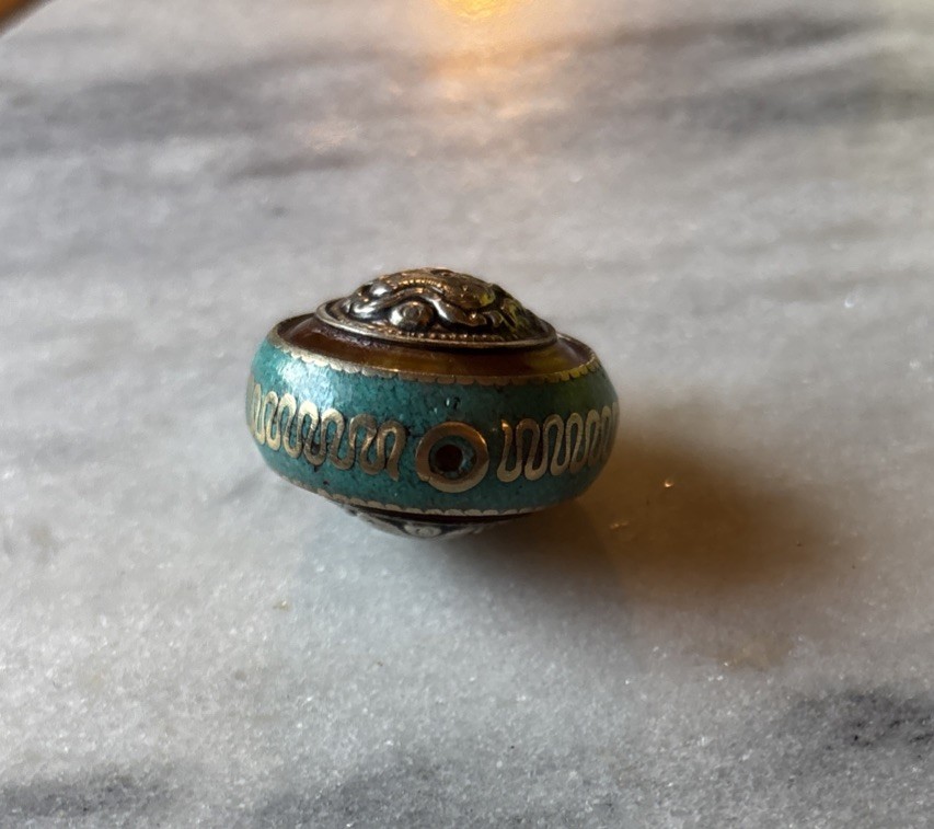 Tibetan Amber Copal Bead w/ Turquoise, Silver Sacred Symbol 27x16mm CC21