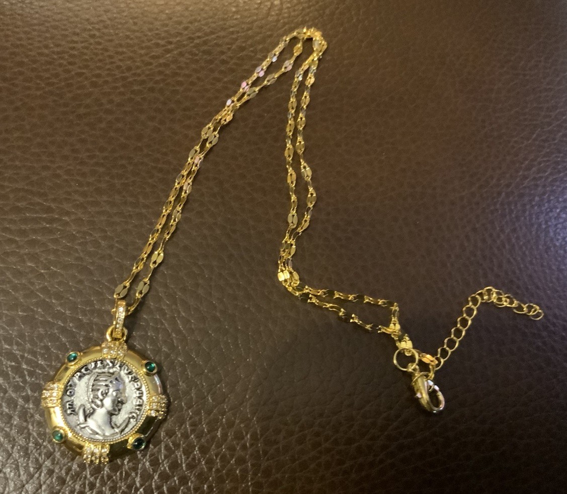 Ancient Greek Roman Coin Medieval Necklace Queen Gold Medallion Pendant CZ Boho