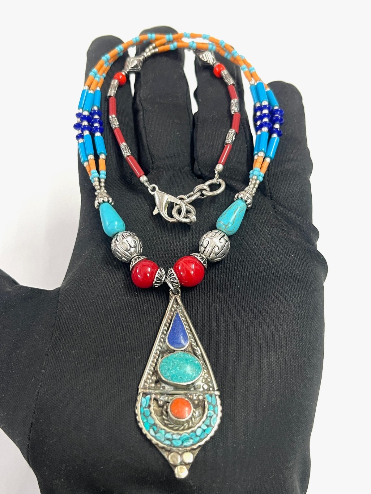 Nepalese Turquoise Coral Gemstone Tibetan Necklace Jewelry, 16 inch Adjus