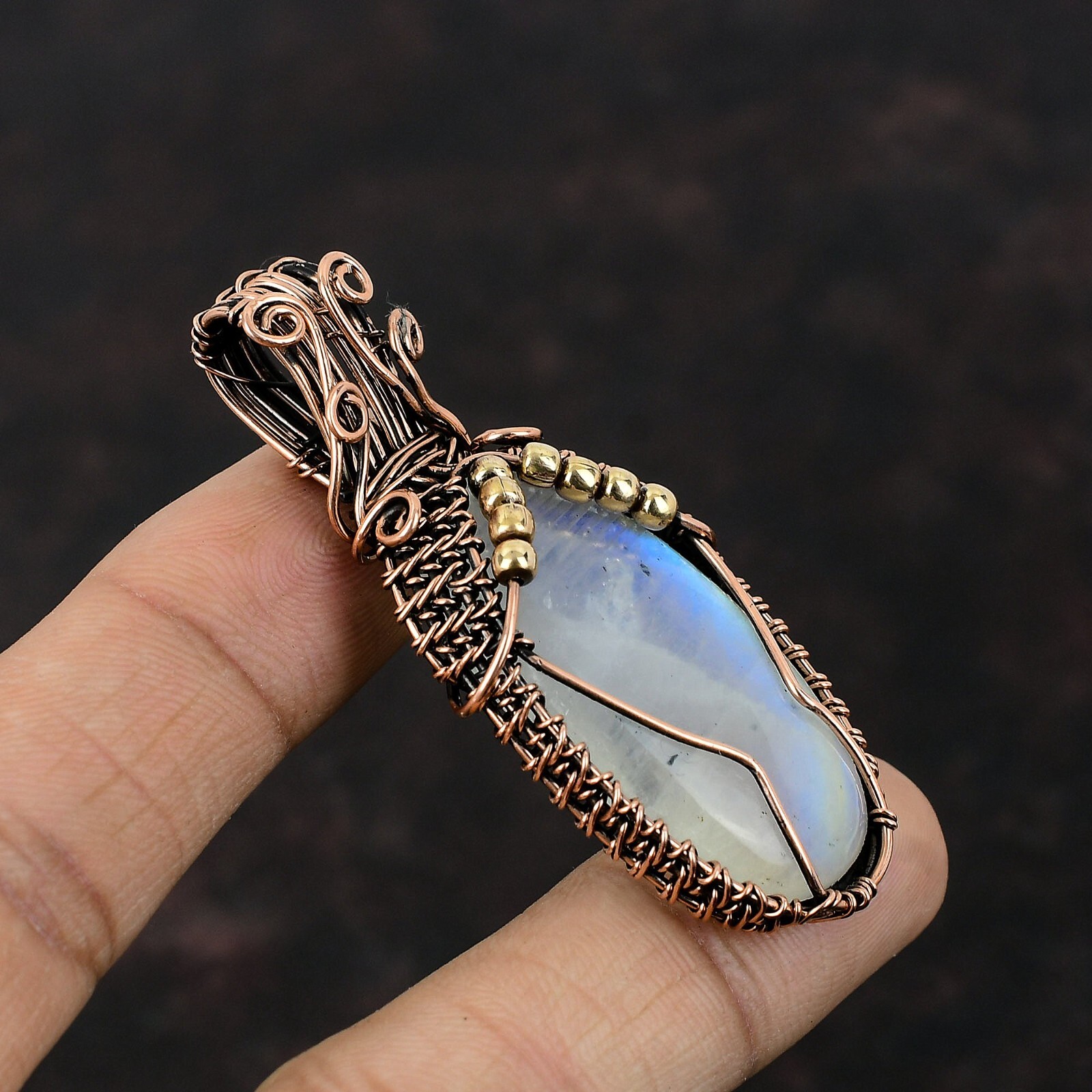 Women Day Sale Rainbow Moonstone Copper Gift For Mom Wire Wrapped Pendant 2.48″