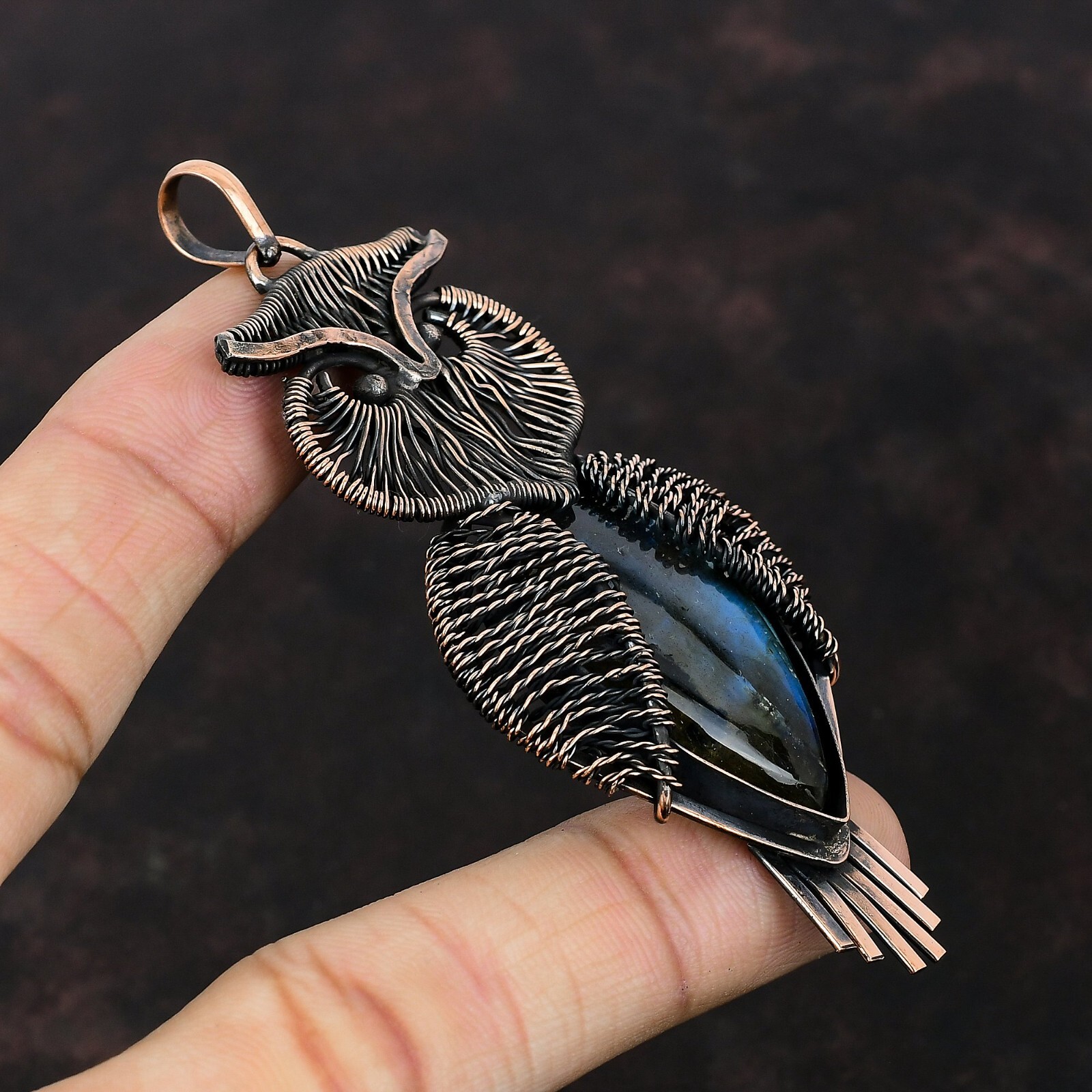 Labradorite Gemstone Jewelry Copper Mother Gift Wire Wrapped Owl Pendant 3.62″