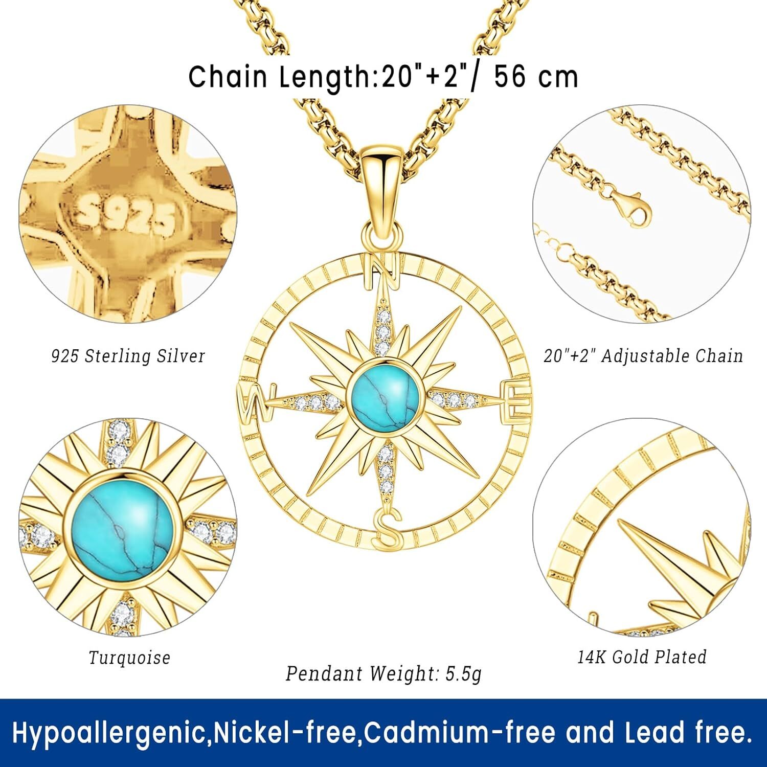 14k Gold Plated Compass Necklace Sterling Silver Turquoise Graduation Pendants
