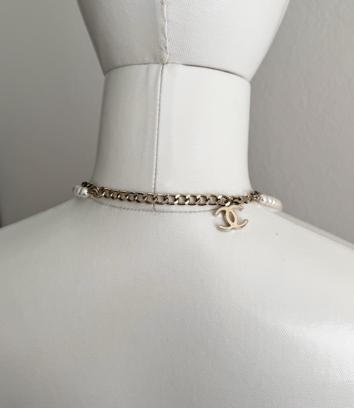 Chanel Pearl Crystal CC Necklace Bronze Leather 23P Adjustable Light Gold Chain