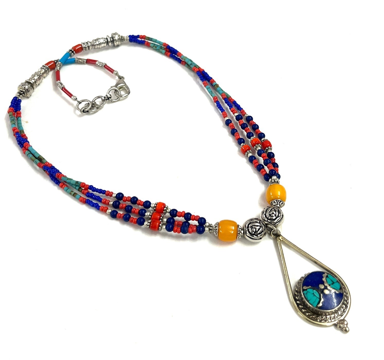 Vintage Lapis LAzuli Red Coral Gemstone Tibetan Necklace Jewelry, 18 Inch Adjust