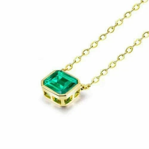 2Ct Asscher Cut Simulated Green Emerald Solitaire Pendant 14k Yellow Gold Plated