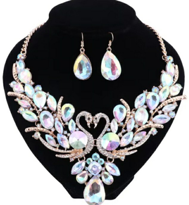 Art Deco Style Diamante Crystals Swan Necklace & Earrings Occasion Wear Set