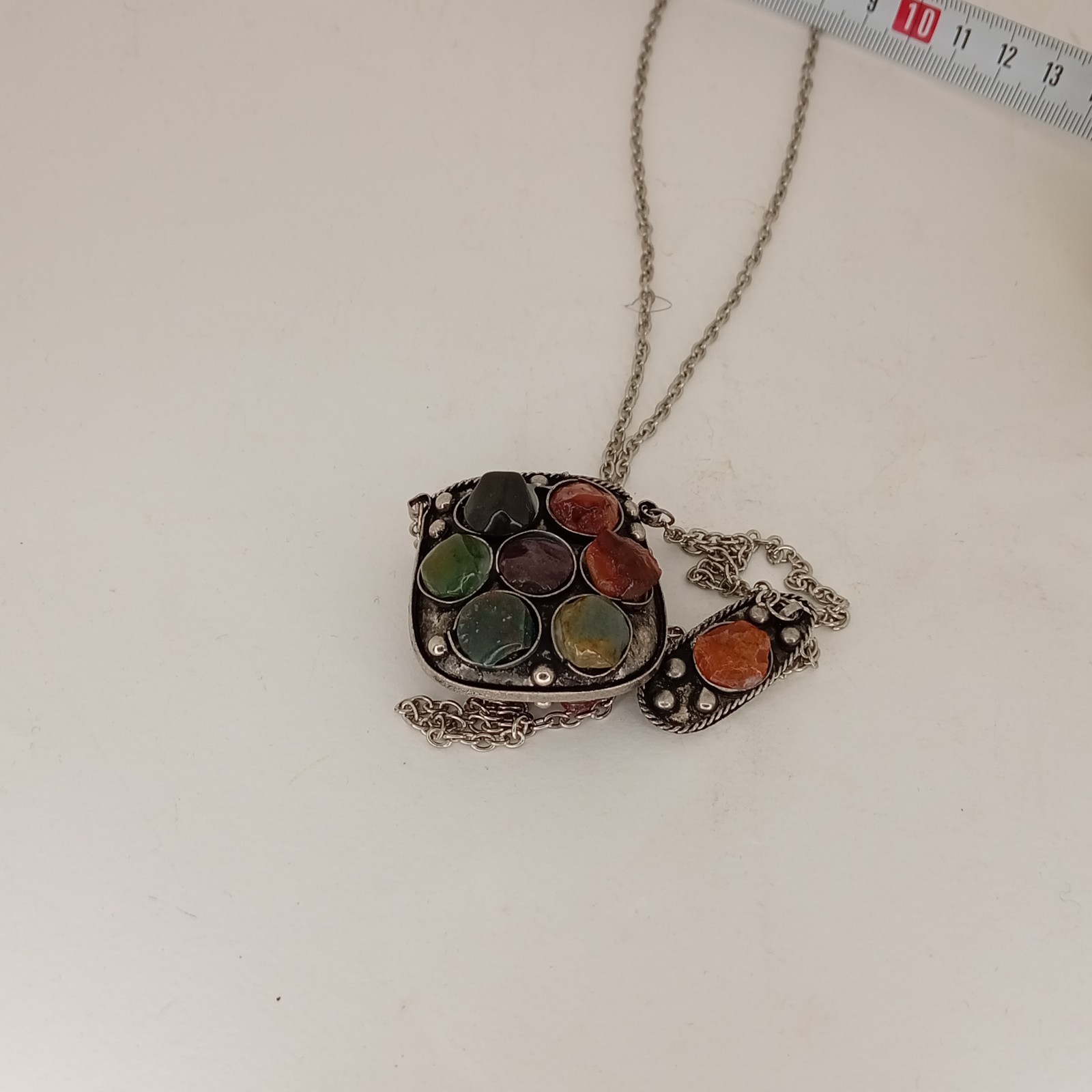 India 45MM Gemstone Antique Silver Brass Poison Locket Purse Pendant Necklace