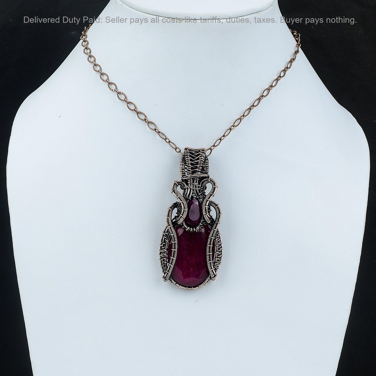 Oval Natural Kashmir Rubi Copper Anniversary Sister Wire Wrapped Pendant Jewelry
