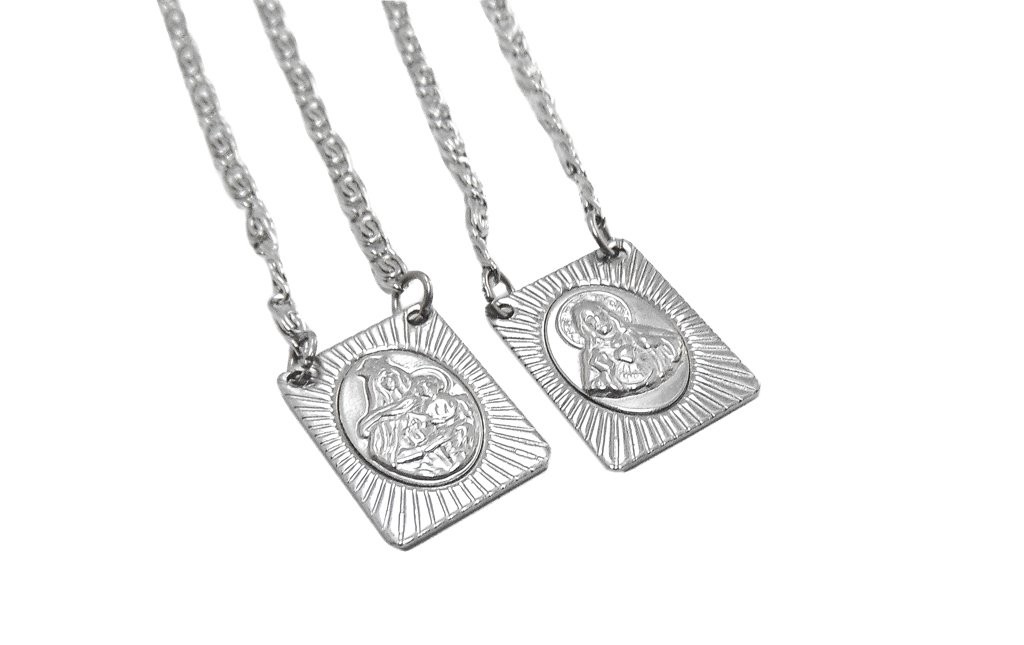 Stainless Steel Scapular Necklace 14 Inch Sacred Heart & Our Lady of Mount