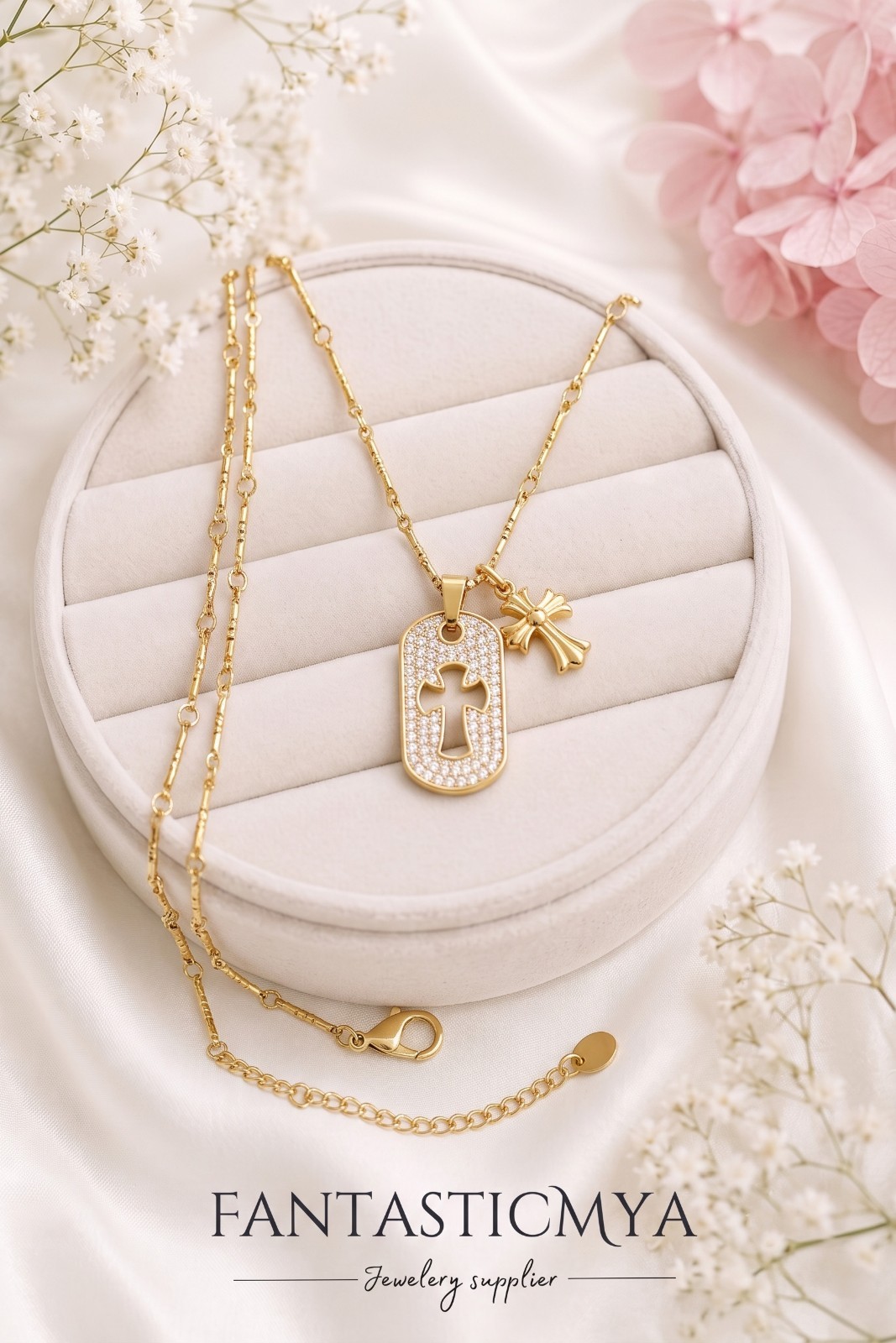 Stainless Steel 18K Gold Plated CZ Dog Tag Cutout Cross Pendant Necklace Gift