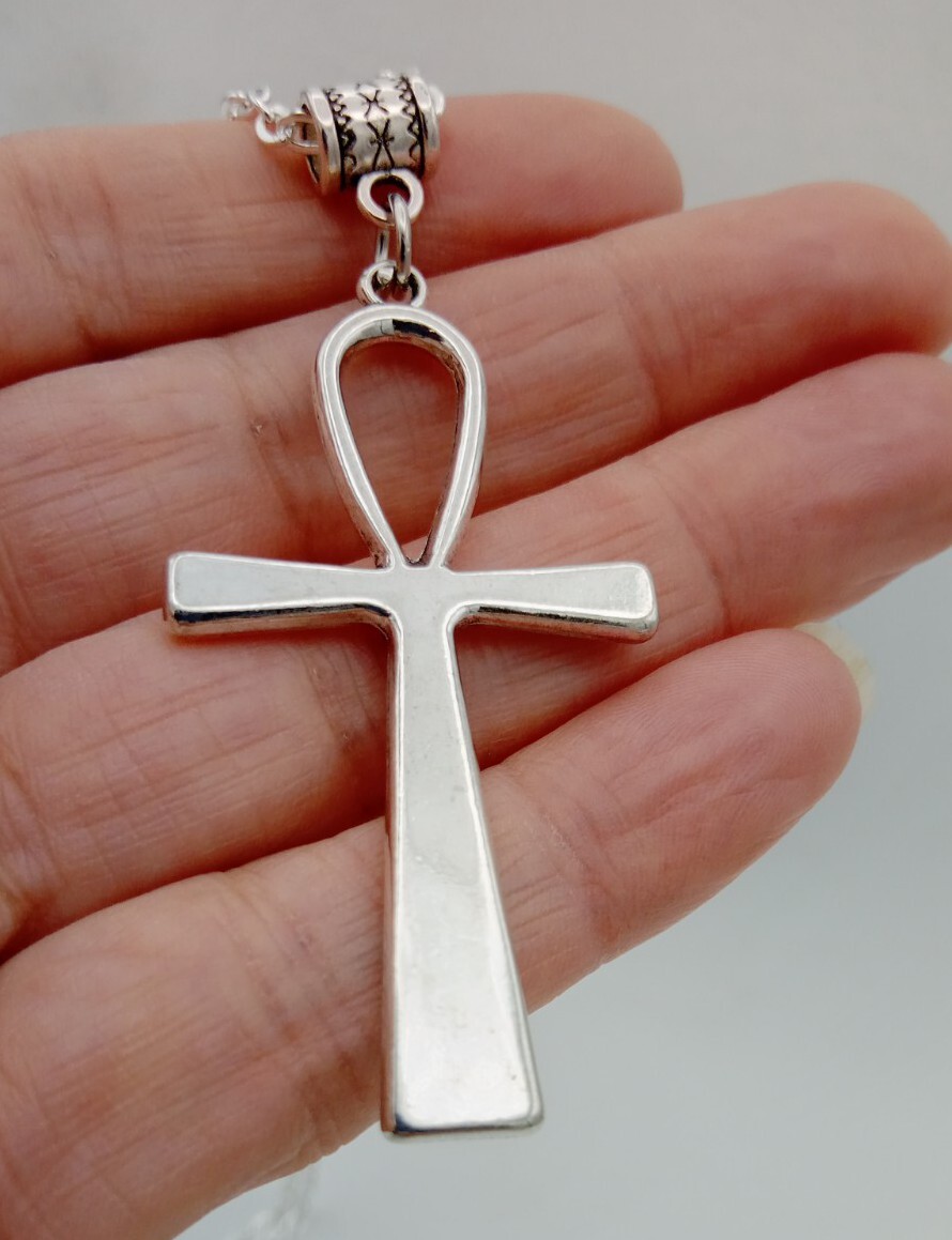 Ankh Necklace Large Key of Life CROSS Pendant Big Goth Rock Vintage silver tone