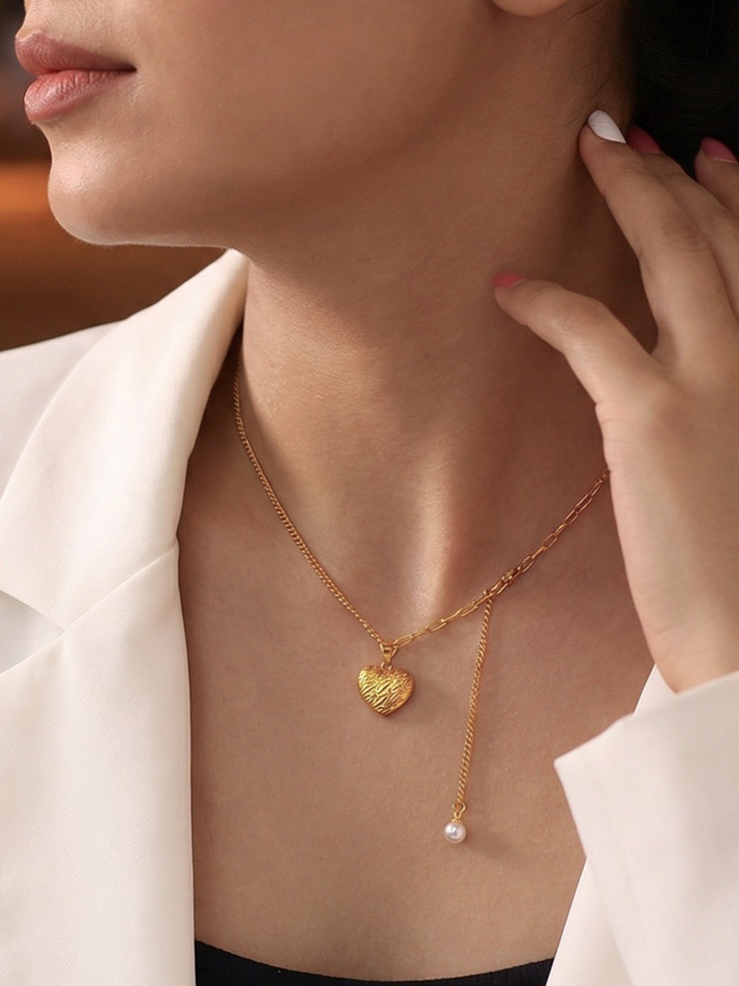 18K Gold Plated Stainless Steel Heart Pendant Faux Pearl Drop Necklace