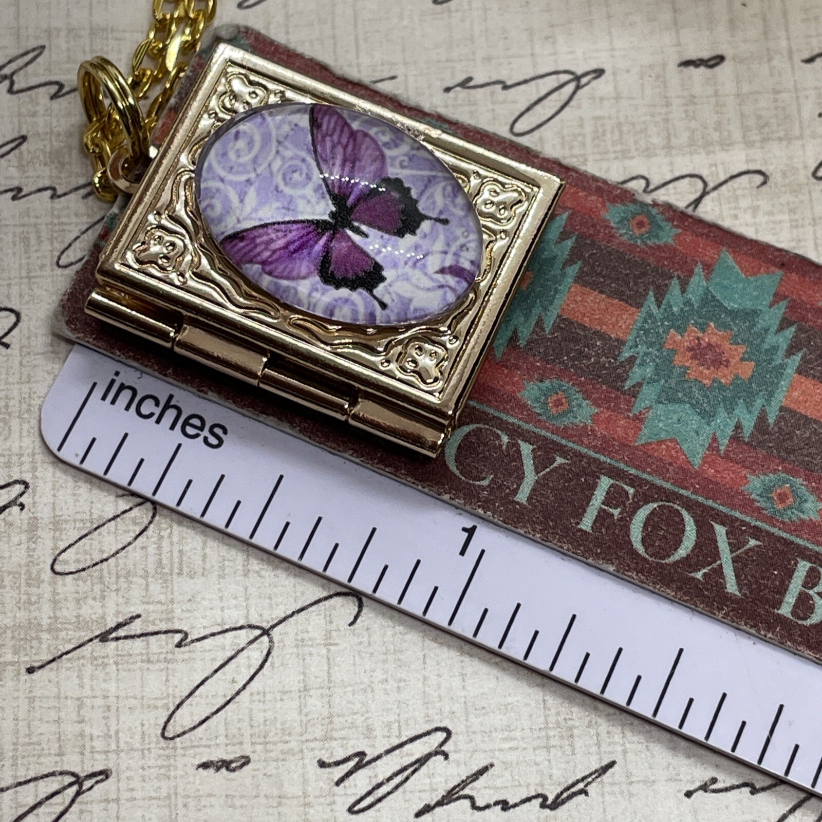 Gold Birthday anniversary purple BUTTERFLY book Locket pendant necklace photo
