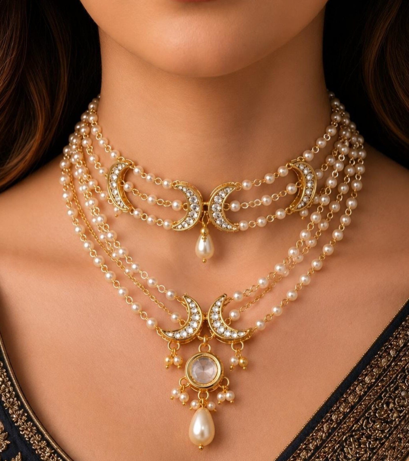 Gold Plated Pearl Crescent Moon Layered Choker Necklace Bridal Wedding Jewelry