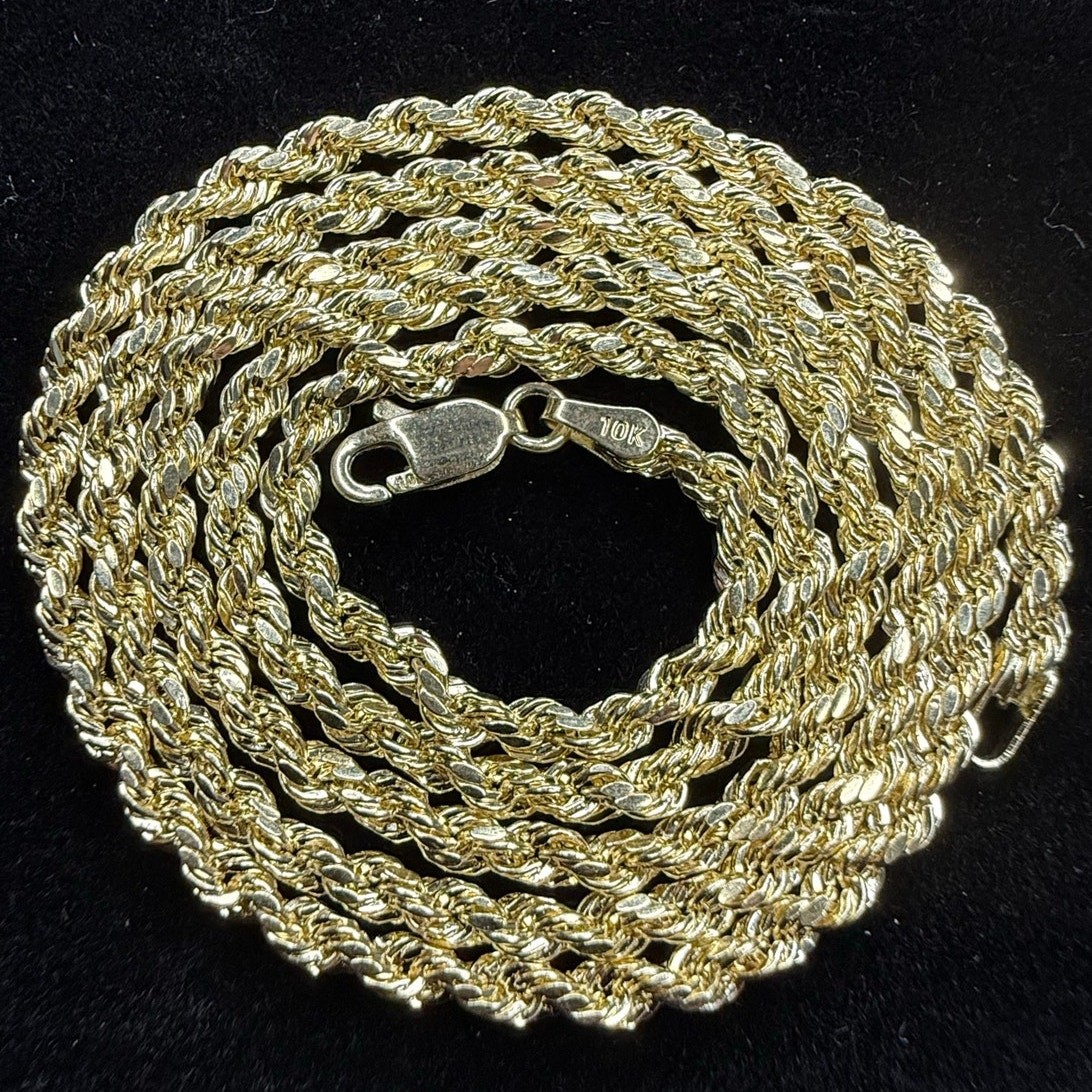 Solid 10k Yellow Italian Gold Diamond Cut Rope Necklace Chain 22″ Long 3mm Wide