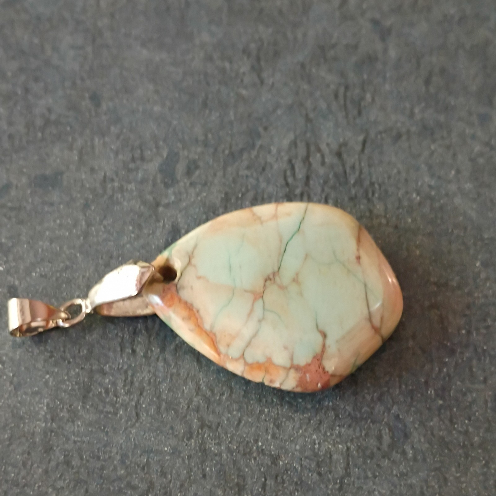 Teardrop Multicolor Imperial Jasper Pendant Polished Green Tan Metal Bail