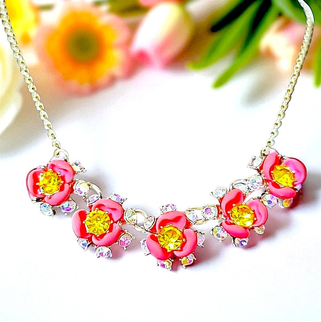 Pink And Green Crystal Flower Gold Chain Necklace With Adjustable Chain By BJ