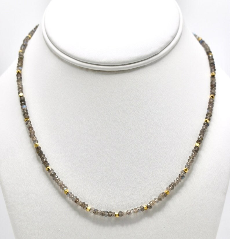 A++ Blue Labradorite Faceted Rondelle Gemstone Gold Filled Beads Necklaces 18”