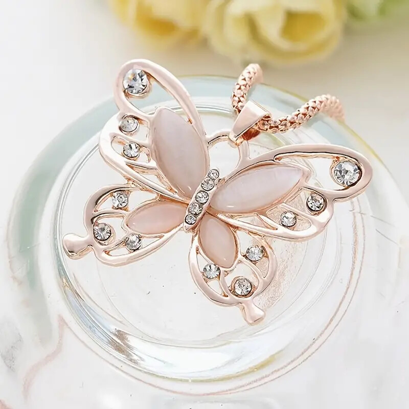 Butterfly Pendant Necklace Rose Golden Color Long Sweater Chain